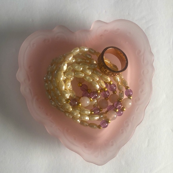 Vintage Imperial Glass Lenox Pink Satin Heart Bow And Arrow Trinket Dish - Picture 2 of 12